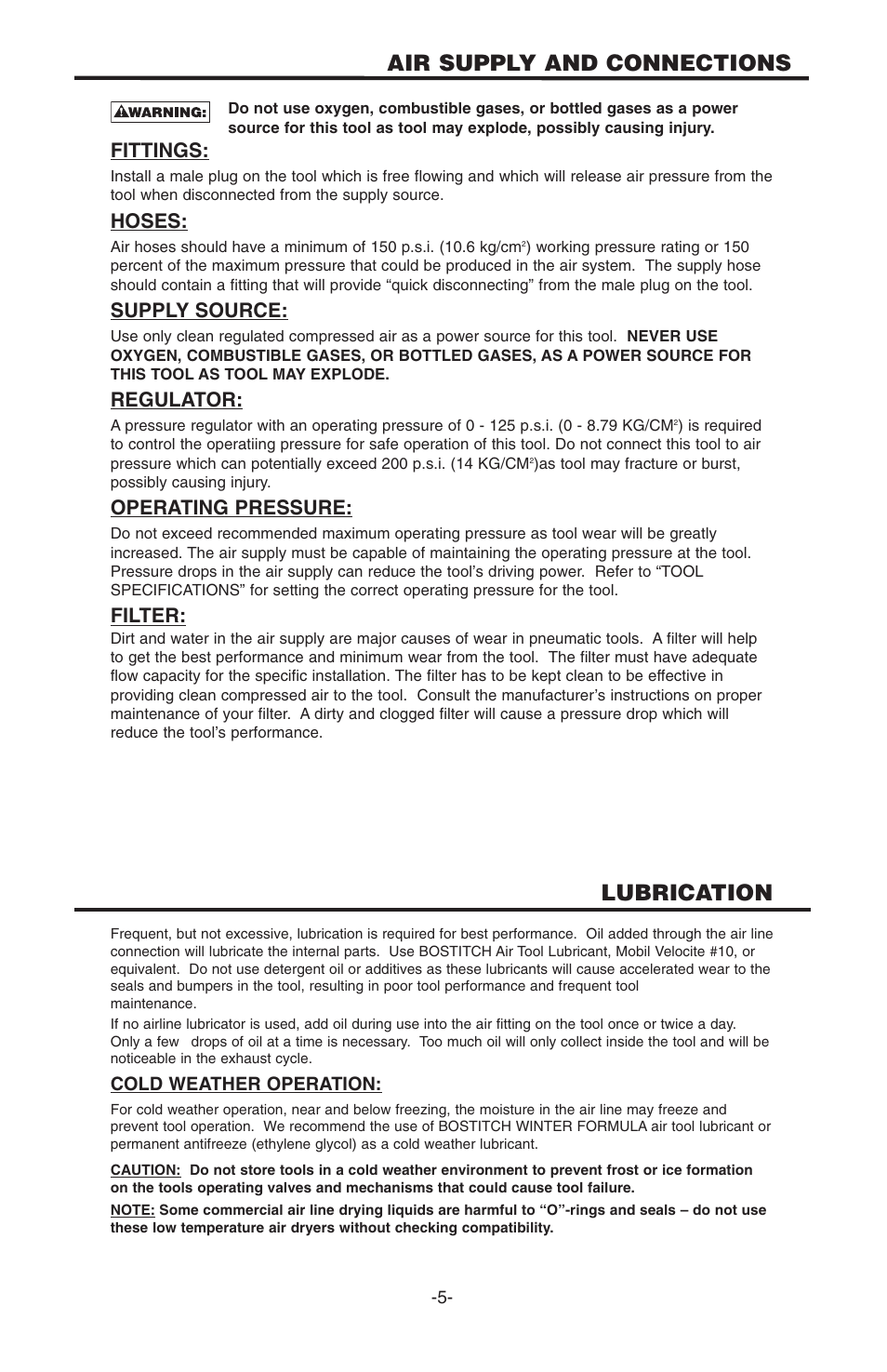 Air supply and connections, Lubrication, Fittings | Hoses, Supply source, Regulator, Operating pressure, Filter | Bostitch N100S User Manual | Page 5 / 32