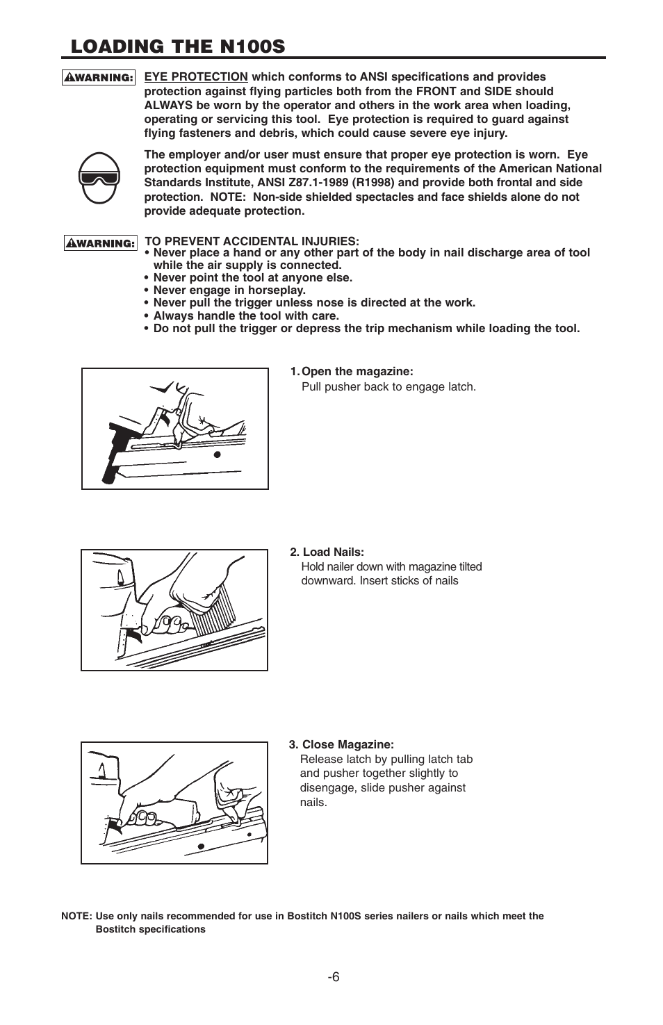 Loading the n100s | Bostitch N100S User Manual | Page 6 / 32
