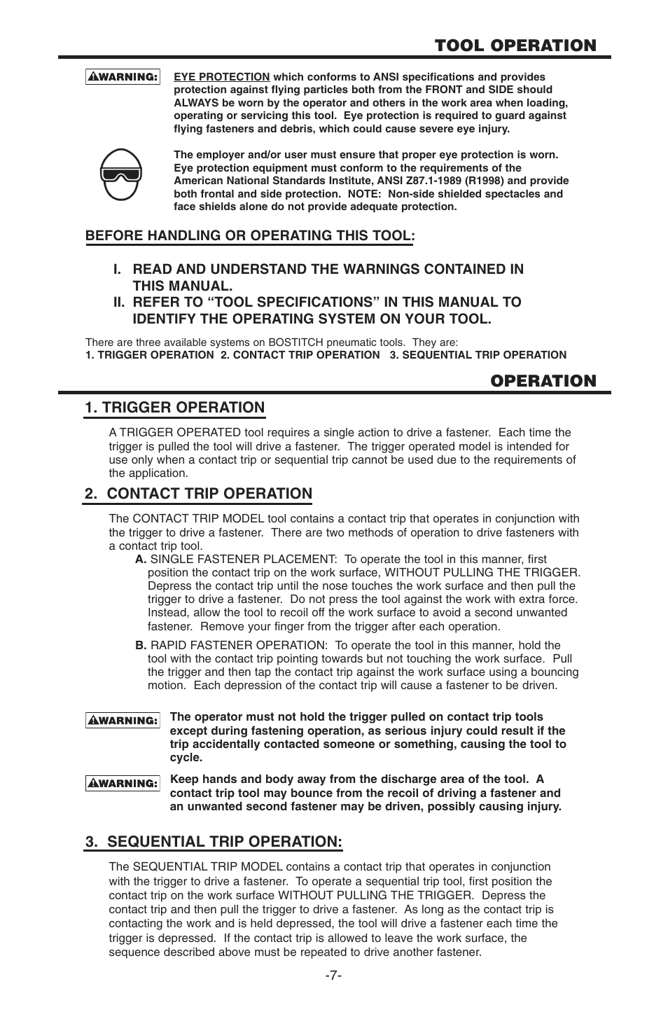 Tool operation operation | Bostitch N100S User Manual | Page 7 / 32