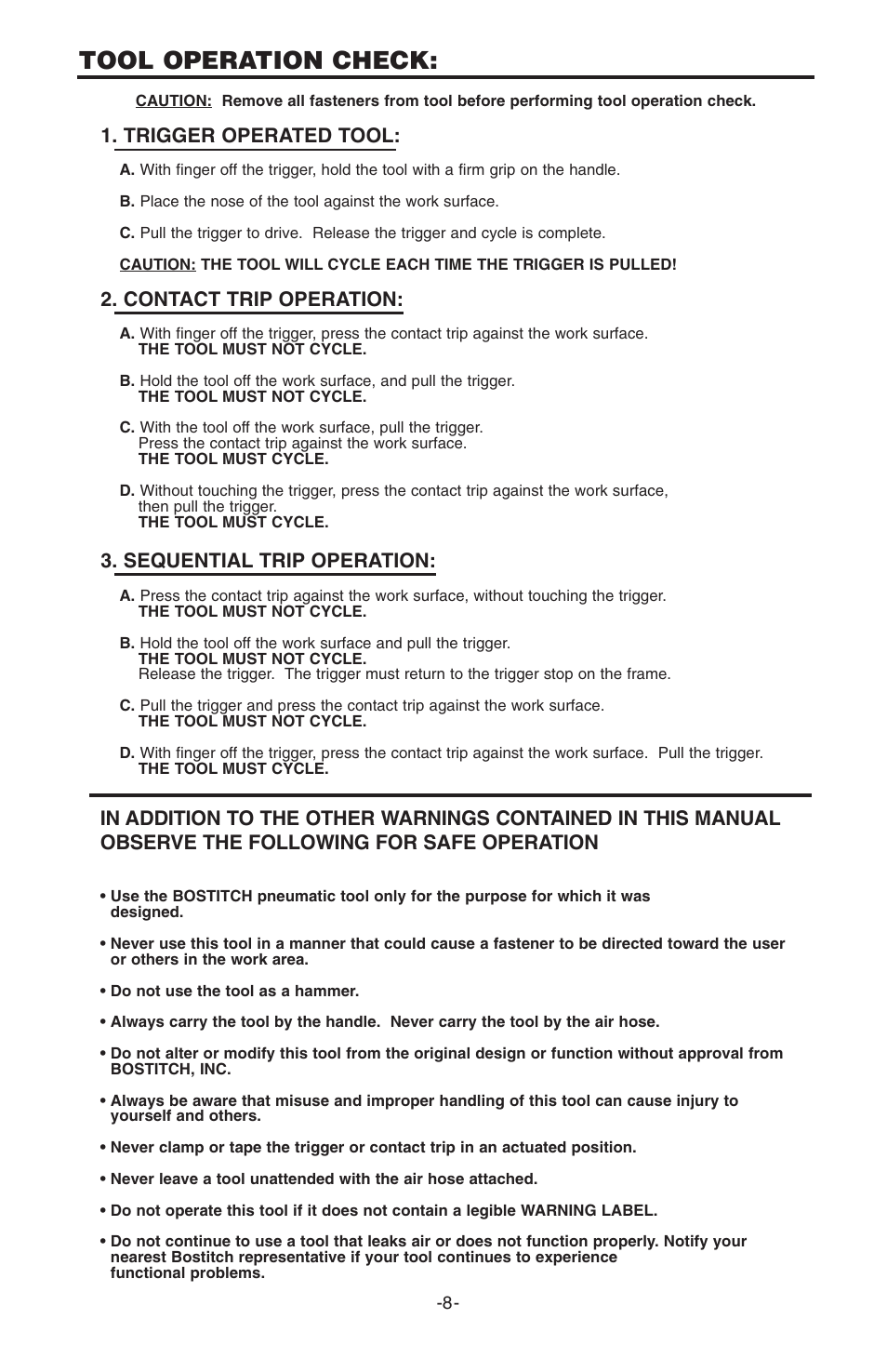 Tool operation check, Trigger operated tool, Contact trip operation | Sequential trip operation | Bostitch N100S User Manual | Page 8 / 32