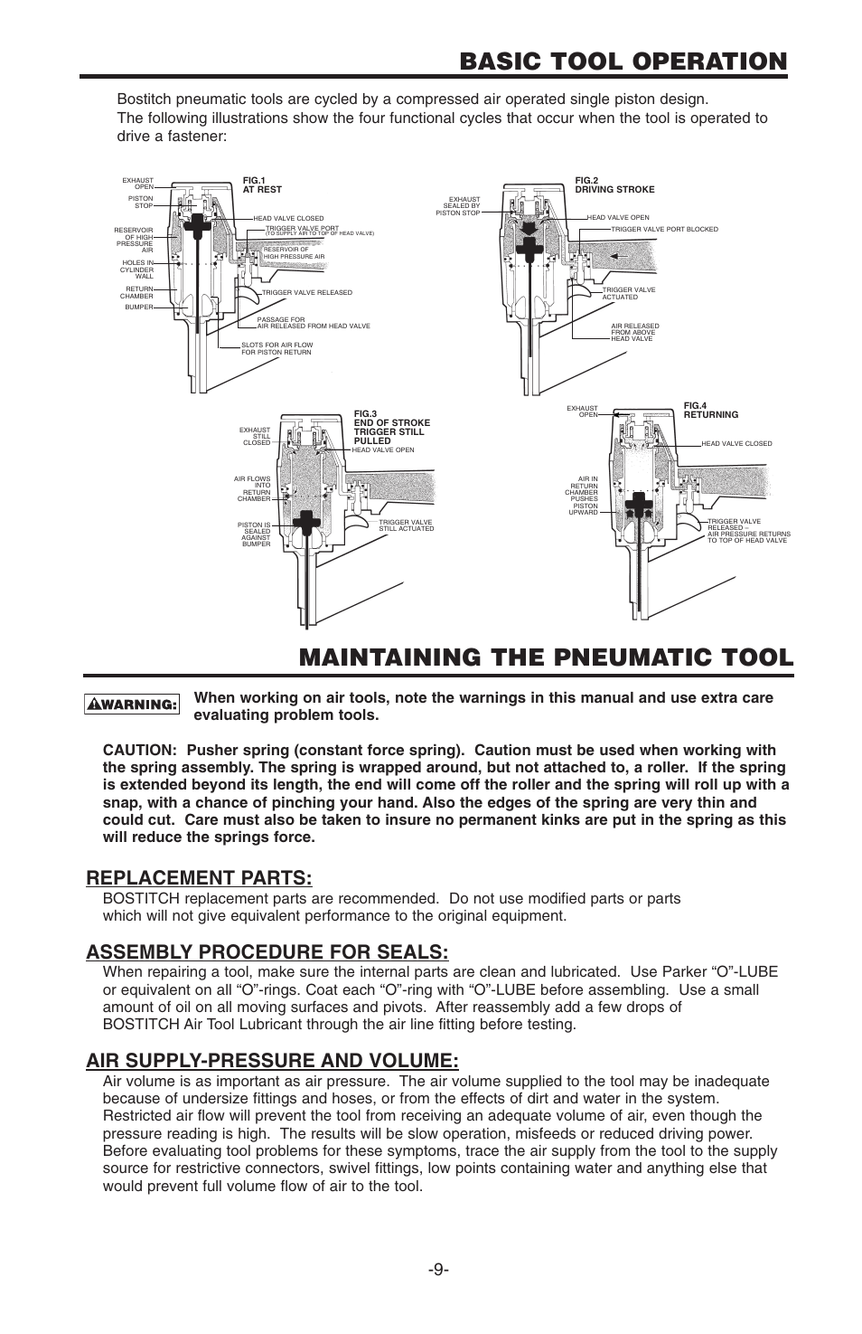 Basic tool operation, Maintaining the pneumatic tool, Replacement parts | Assembly procedure for seals, Air supply-pressure and volume | Bostitch N100S User Manual | Page 9 / 32