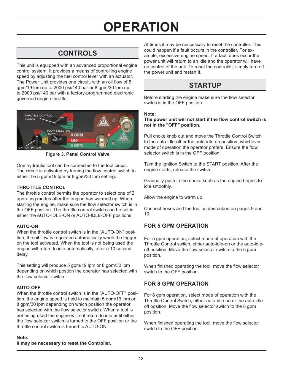 Operation, Controls, Startup | For 5 gpm operation, For 8 gpm operation | Stanley GT 18B01 User Manual | Page 12 / 30