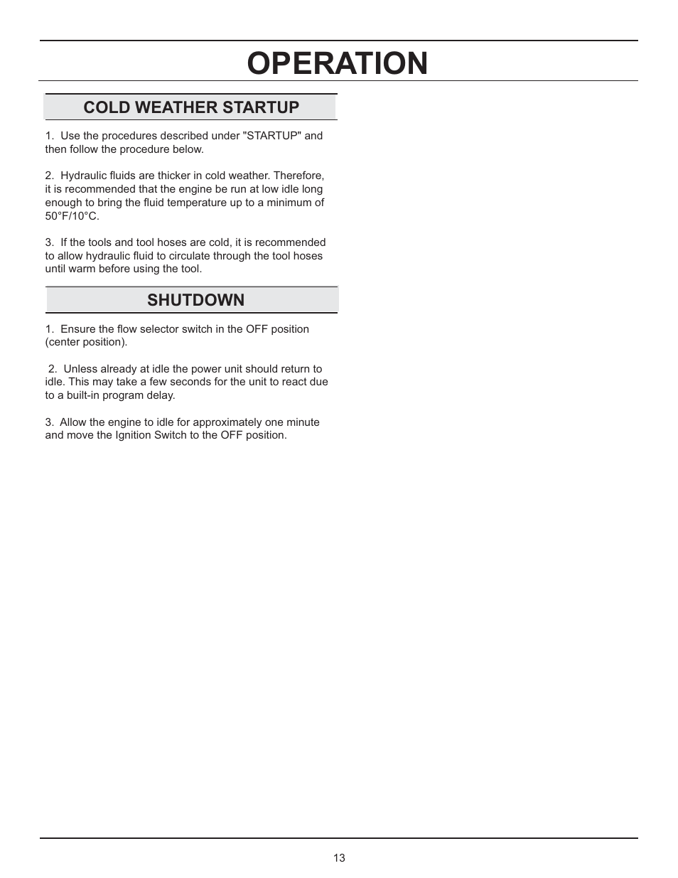 Operation, Cold weather startup, Shutdown | Stanley GT 18B01 User Manual | Page 13 / 30