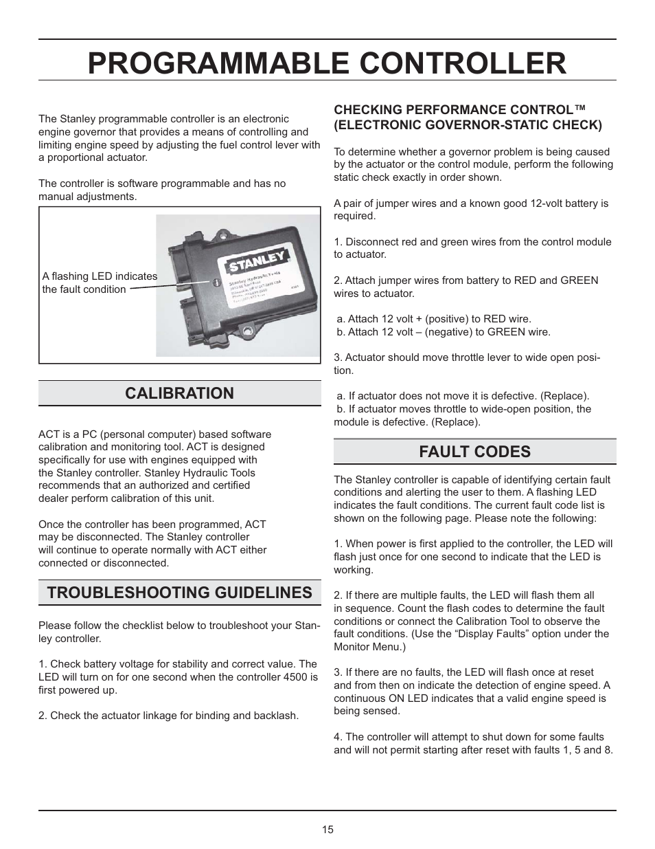 Programmable controller, Fault codes, Calibration | Troubleshooting guidelines | Stanley GT 18B01 User Manual | Page 15 / 30