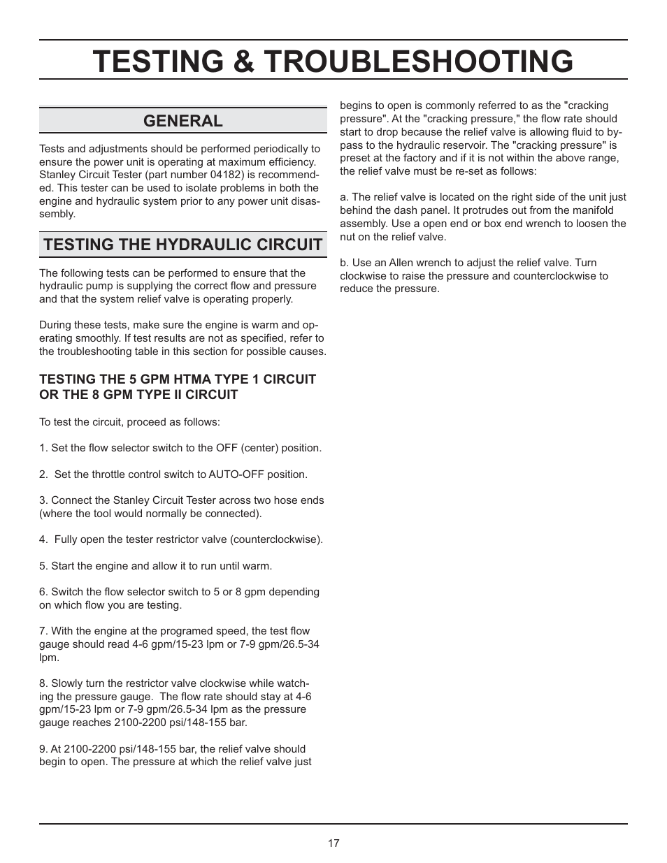 Testing & troubleshooting, General, Testing the hydraulic circuit | Stanley GT 18B01 User Manual | Page 17 / 30