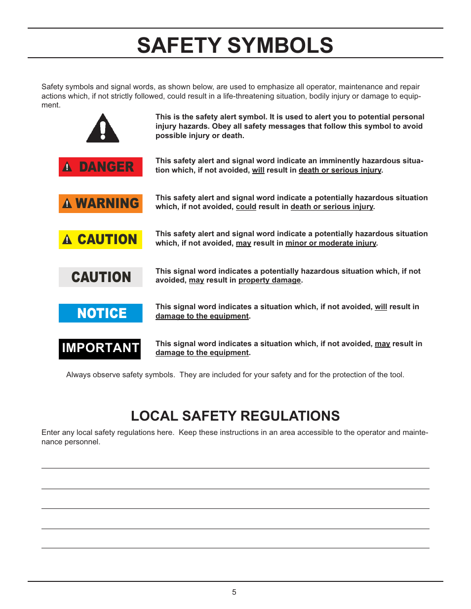 Safety symbols, Caution, Local safety regulations | Caution warning danger notice, Important | Stanley GT 18B01 User Manual | Page 5 / 30