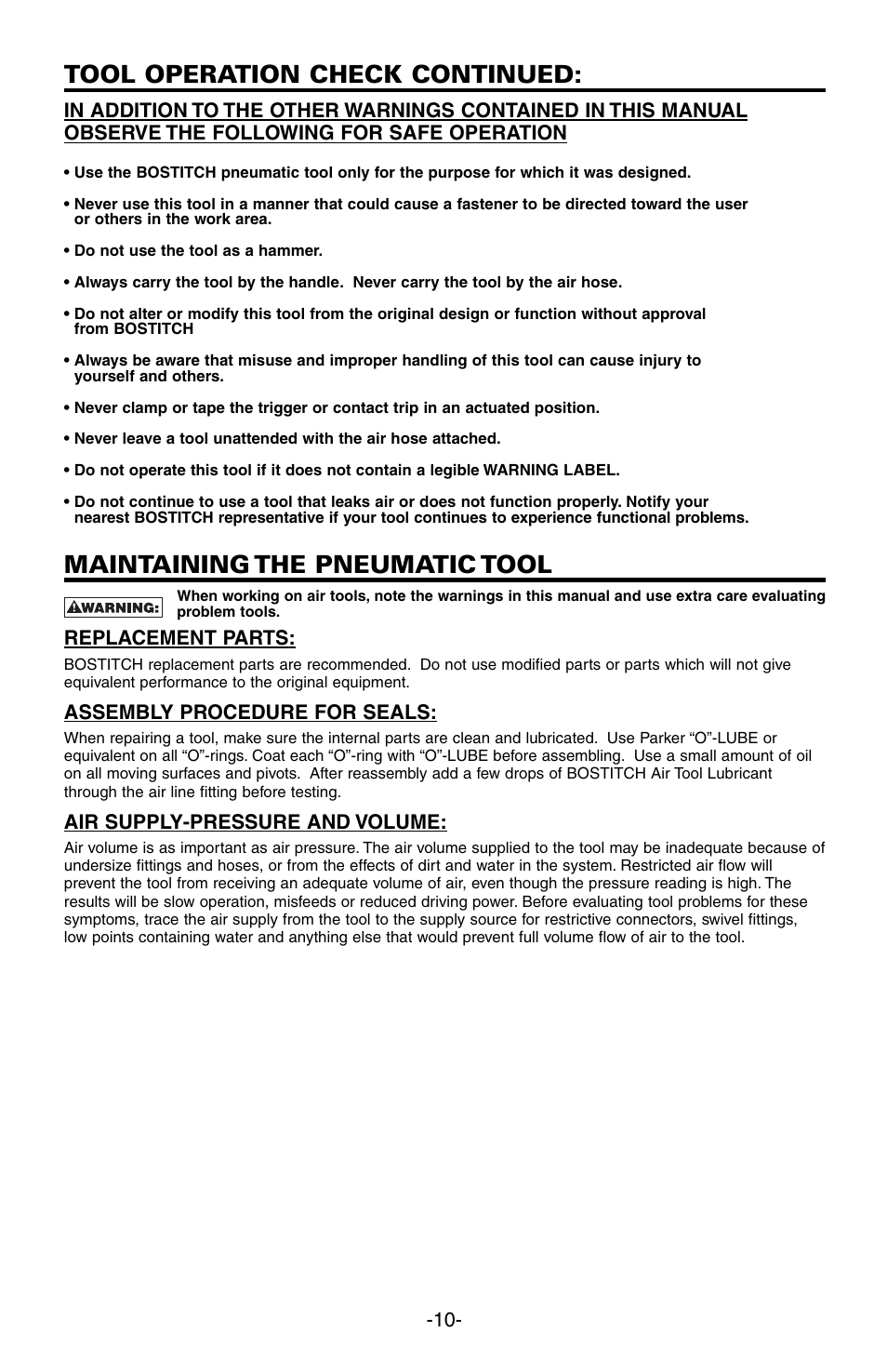Tool operation check continued, Maintaining the pneumatic tool | Bostitch N89C User Manual | Page 10 / 32