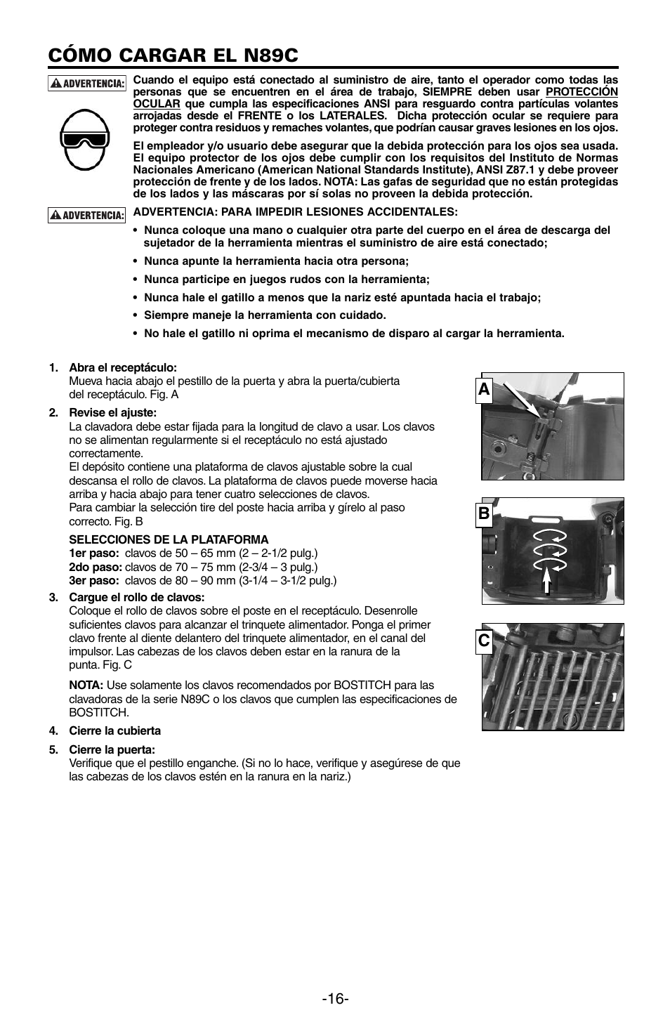 Cómo cargar el n89c, Ab c | Bostitch N89C User Manual | Page 16 / 32