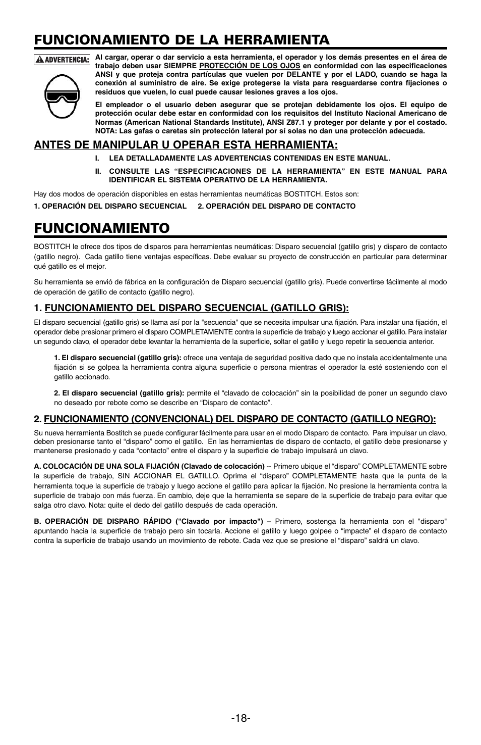 Funcionamiento de la herramienta, Funcionamiento, Antes de manipular u operar esta herramienta | Bostitch N89C User Manual | Page 18 / 32