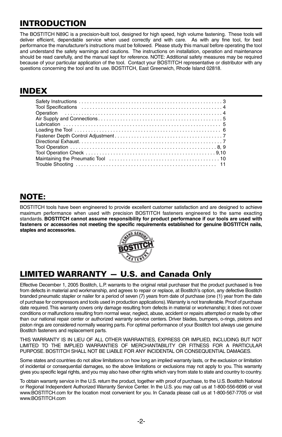 Introduction, Index, Limited warranty — u.s. and canada only | Bostitch N89C User Manual | Page 2 / 32