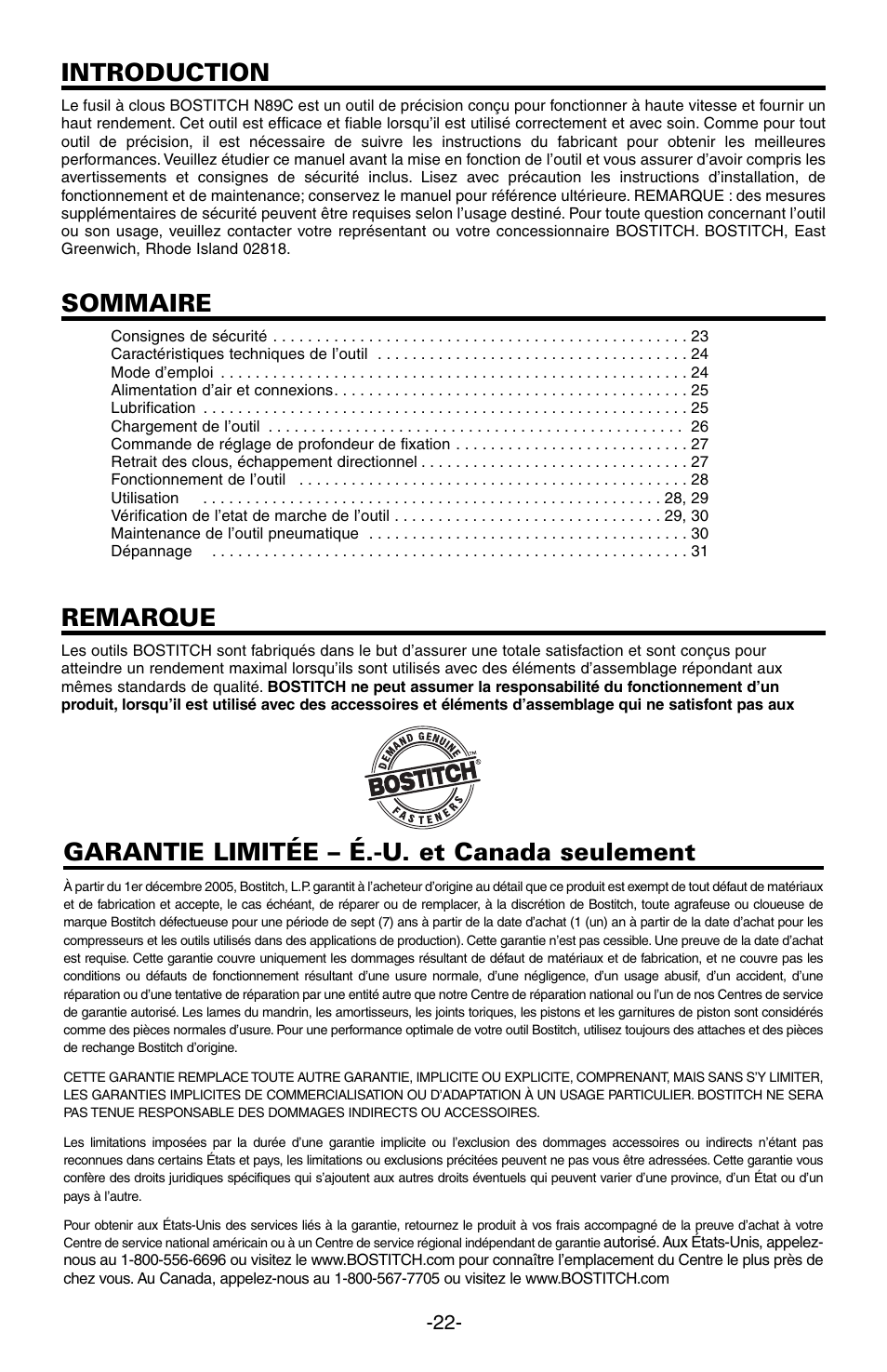 Introduction, Sommaire, Remarque | Garantie limitée – é.-u. et canada seulement | Bostitch N89C User Manual | Page 22 / 32