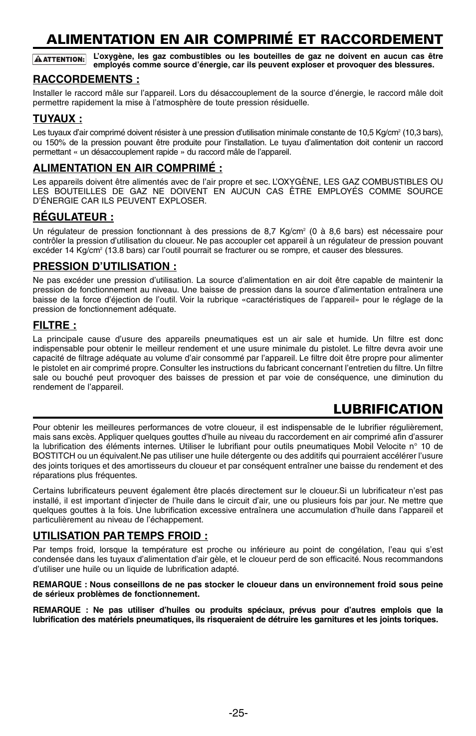 Alimentation en air comprimé et raccordement, Lubrification, Raccordements | Tuyaux, Alimentation en air comprimé, Régulateur, Pression d’utilisation, Filtre, Utilisation par temps froid | Bostitch N89C User Manual | Page 25 / 32