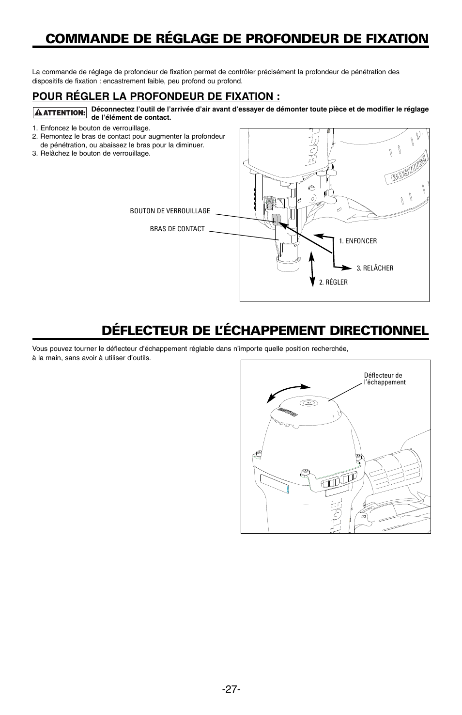 Commande de réglage de profondeur de fixation, Déflecteur de l’échappement directionnel, Pour régler la profondeur de fixation | Bostitch N89C User Manual | Page 27 / 32