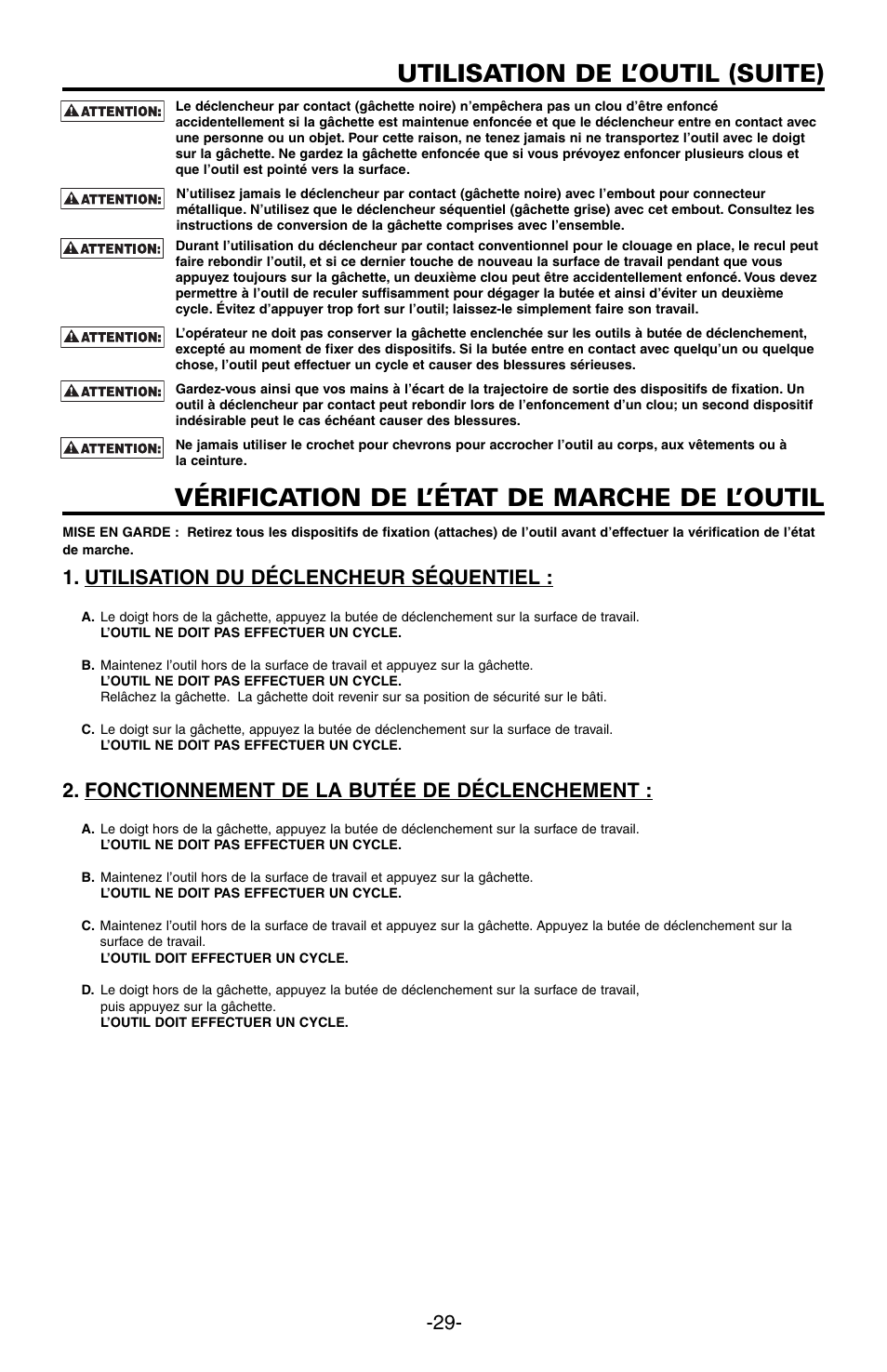 Utilisation de l’outil (suite), Vérification de l’état de marche de l’outil, Utilisation du déclencheur séquentiel | Fonctionnement de la butée de déclenchement | Bostitch N89C User Manual | Page 29 / 32
