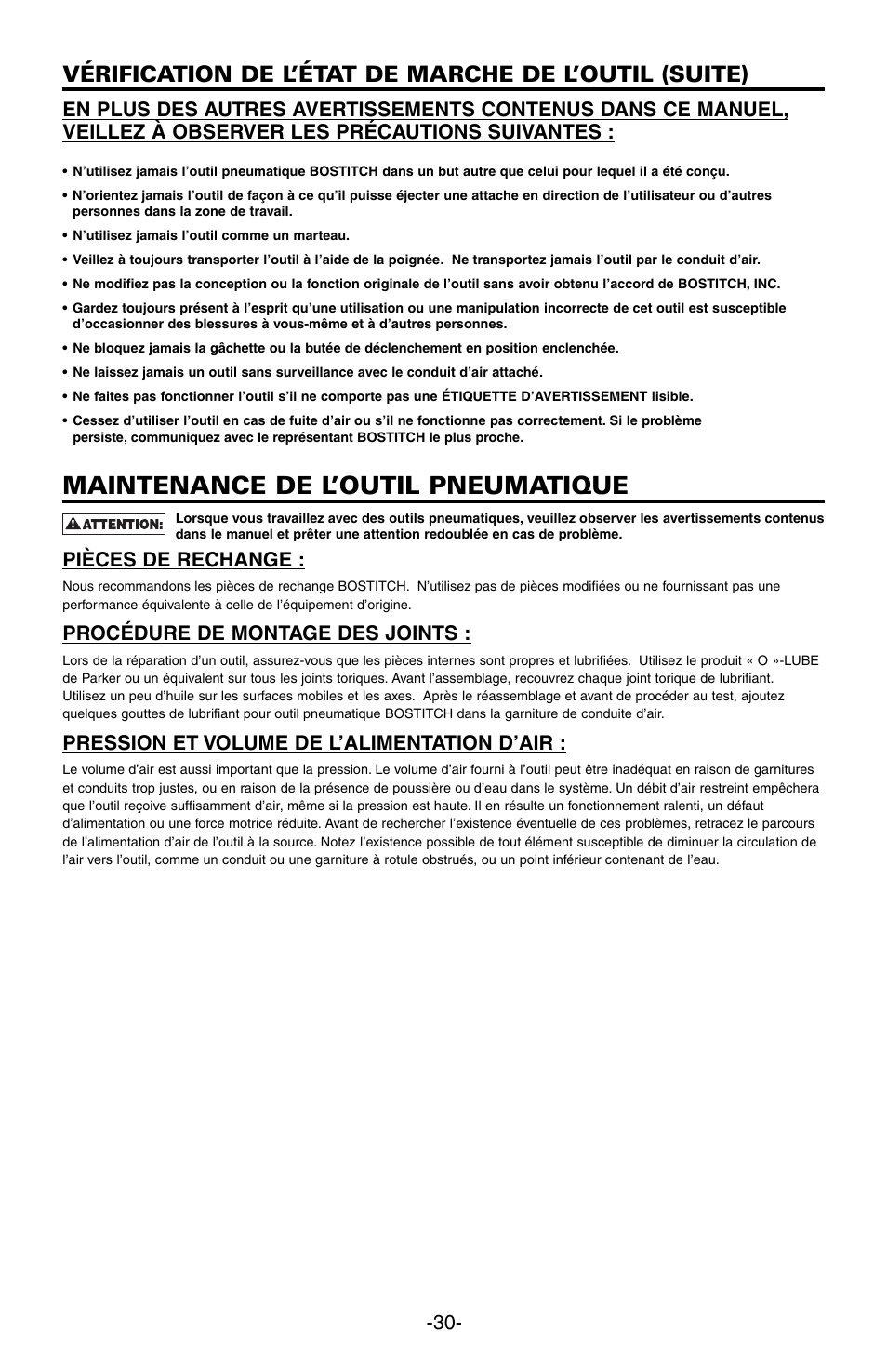 Maintenance de l’outil pneumatique, Pièces de rechange, Procédure de montage des joints | Pression et volume de l’alimentation d’air | Bostitch N89C User Manual | Page 30 / 32