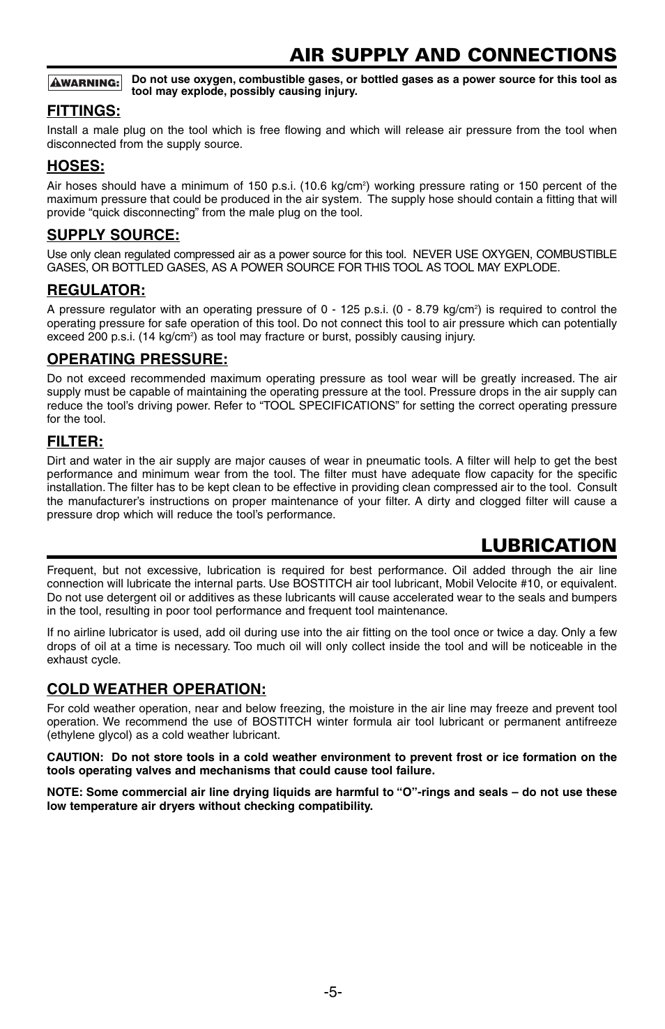 Air supply and connections, Lubrication, Fittings | Hoses, Supply source, Regulator, Operating pressure, Filter, Cold weather operation | Bostitch N89C User Manual | Page 5 / 32