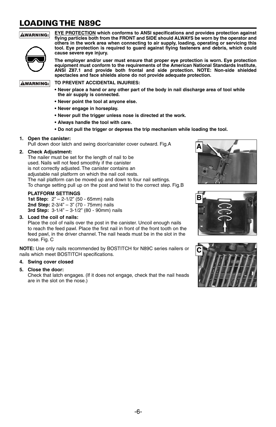 Loading the n89c, Ab c | Bostitch N89C User Manual | Page 6 / 32