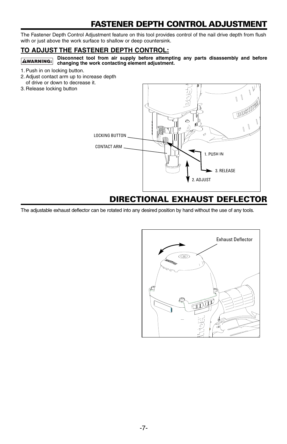 Fastener depth control adjustment, Directional exhaust deflector | Bostitch N89C User Manual | Page 7 / 32