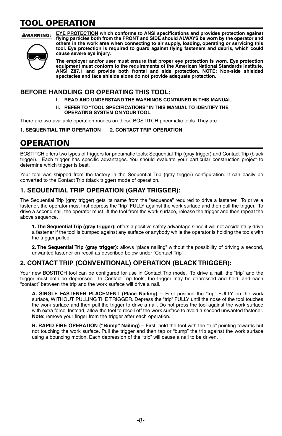 Tool operation, Operation | Bostitch N89C User Manual | Page 8 / 32