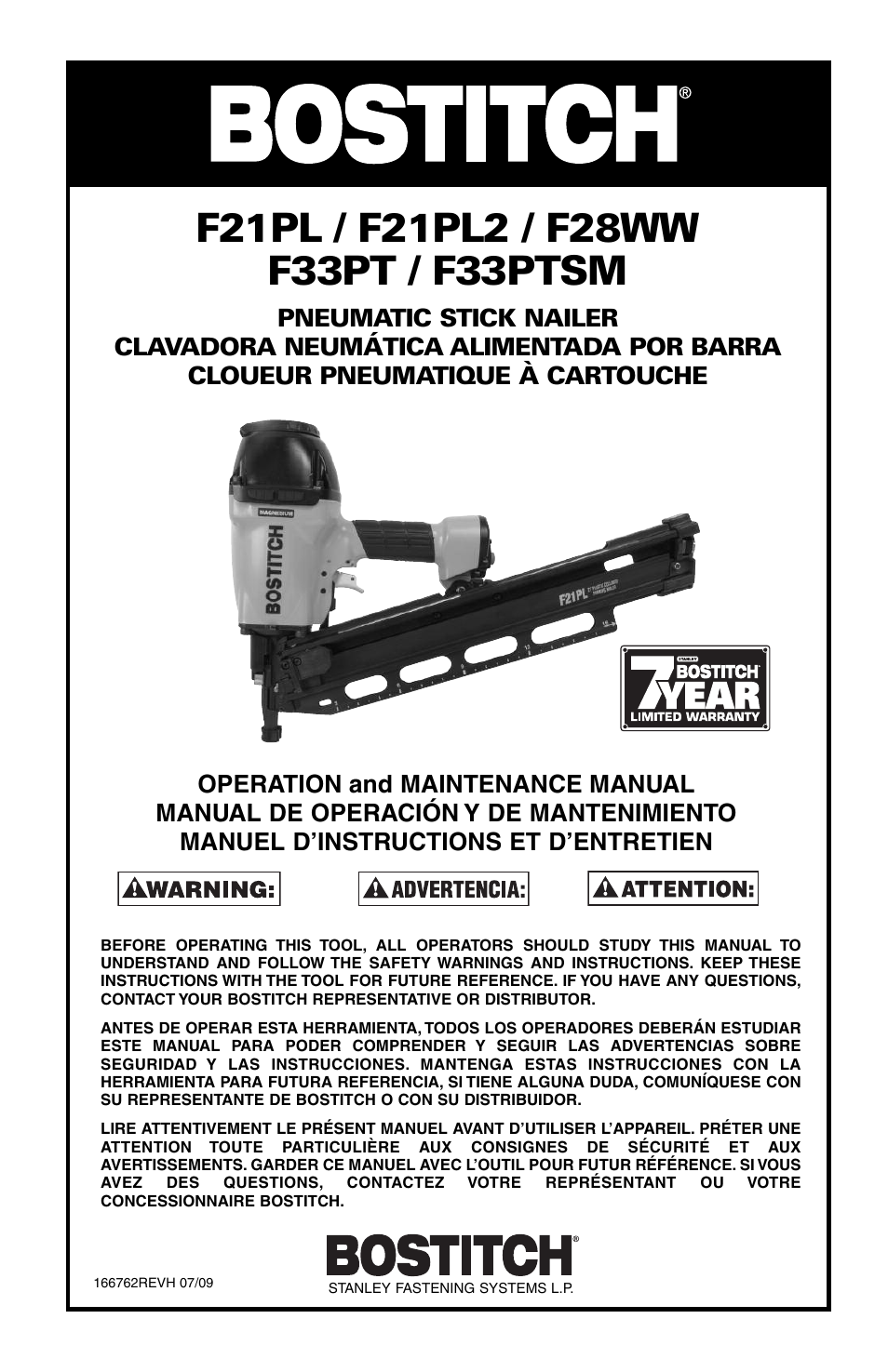 Bostitch PNEUMATIC STICK NAILER F21PL2 User Manual | 40 pages