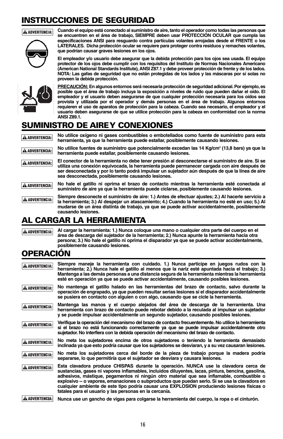 Instrucciones de seguridad, Suministro de airey conexiones, Al cargar la herramienta | Operación | Bostitch PNEUMATIC STICK NAILER F21PL2 User Manual | Page 16 / 40