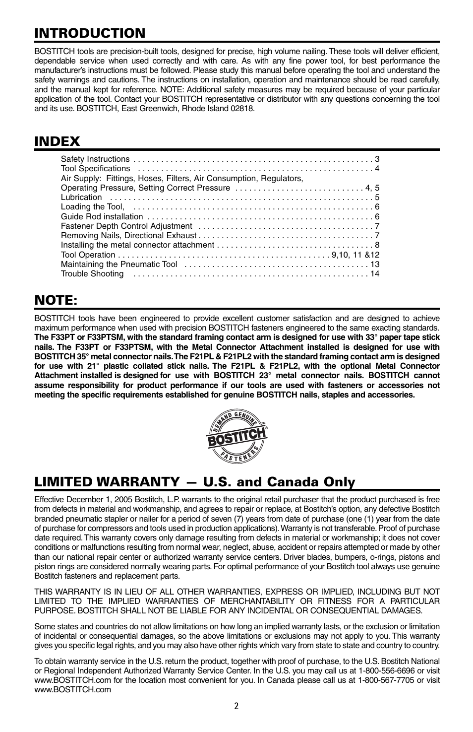 Introduction, Index, Limited warranty — u.s. and canada only | Bostitch PNEUMATIC STICK NAILER F21PL2 User Manual | Page 2 / 40