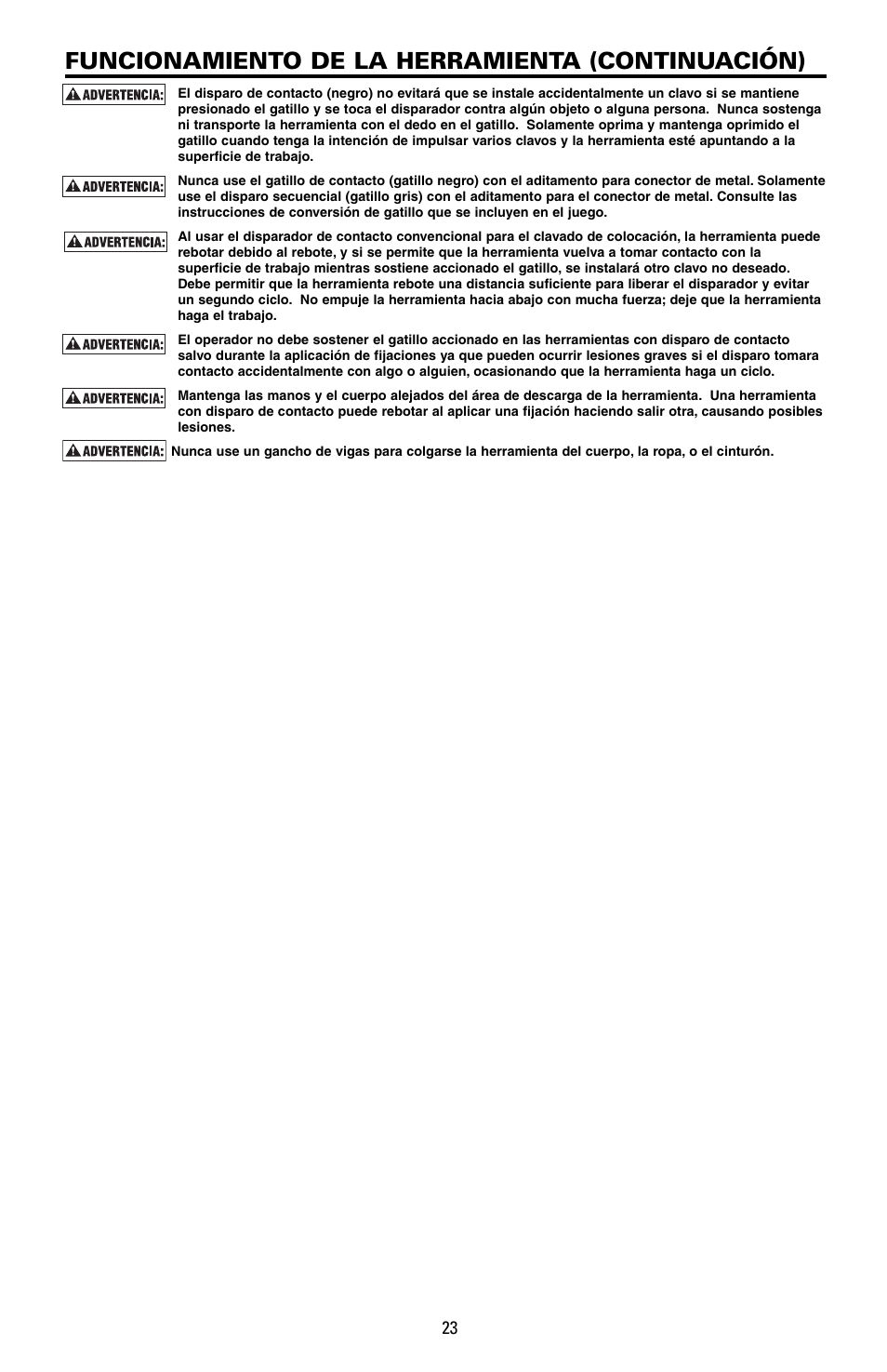 Funcionamiento de la herramienta (continuación) | Bostitch PNEUMATIC STICK NAILER F21PL2 User Manual | Page 23 / 40