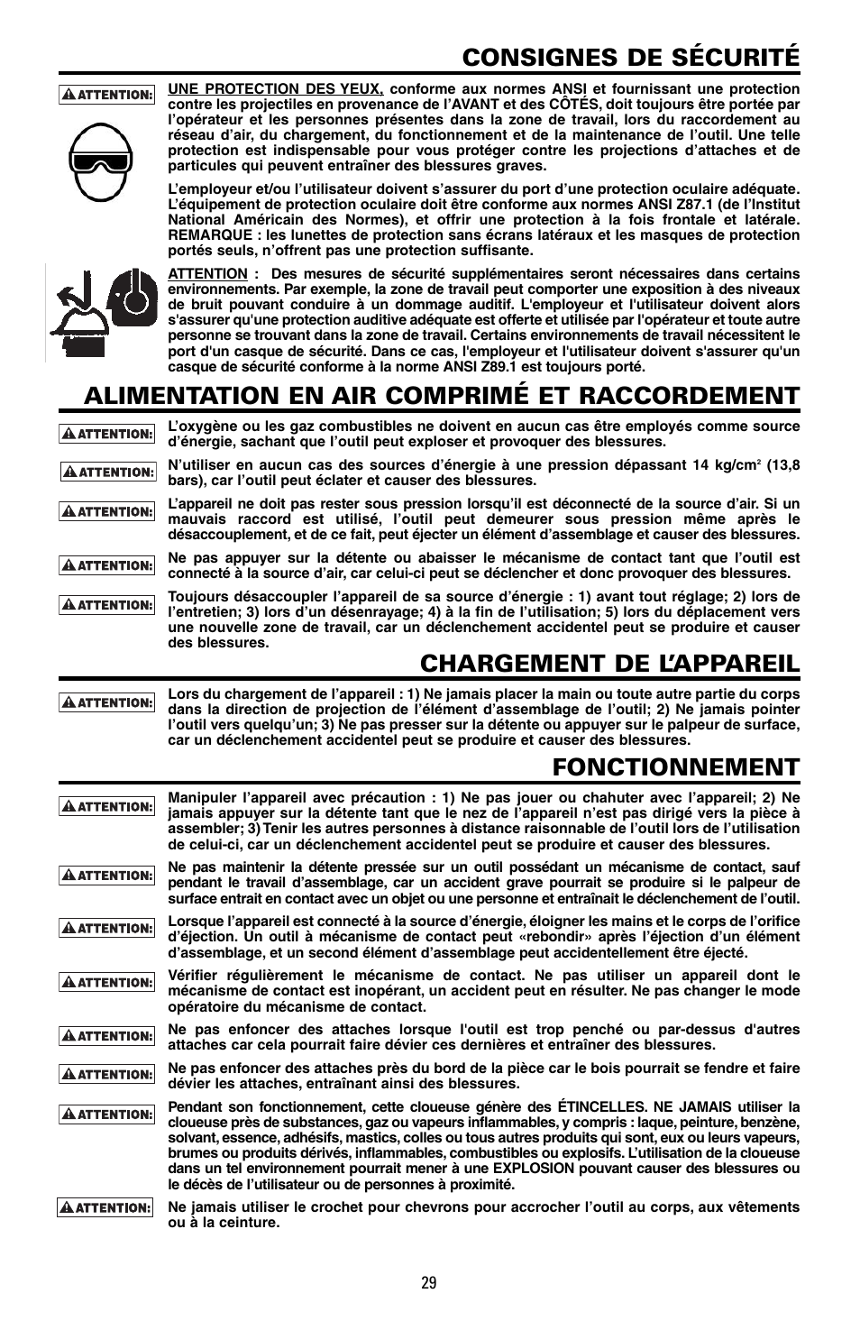 Consignes de sécurité, Alimentation en air comprimé et raccordement, Chargement de l’appareil | Fonctionnement | Bostitch PNEUMATIC STICK NAILER F21PL2 User Manual | Page 29 / 40