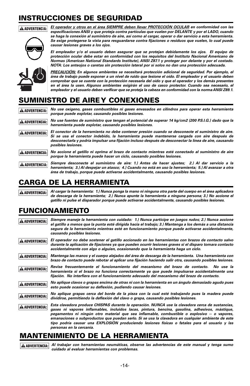 Instrucciones de seguridad, Suministro de aire y conexiones, Carga de la herramienta | Funcionamiento, Mantenimiento de la herramienta | Bostitch EHF1838K User Manual | Page 14 / 34