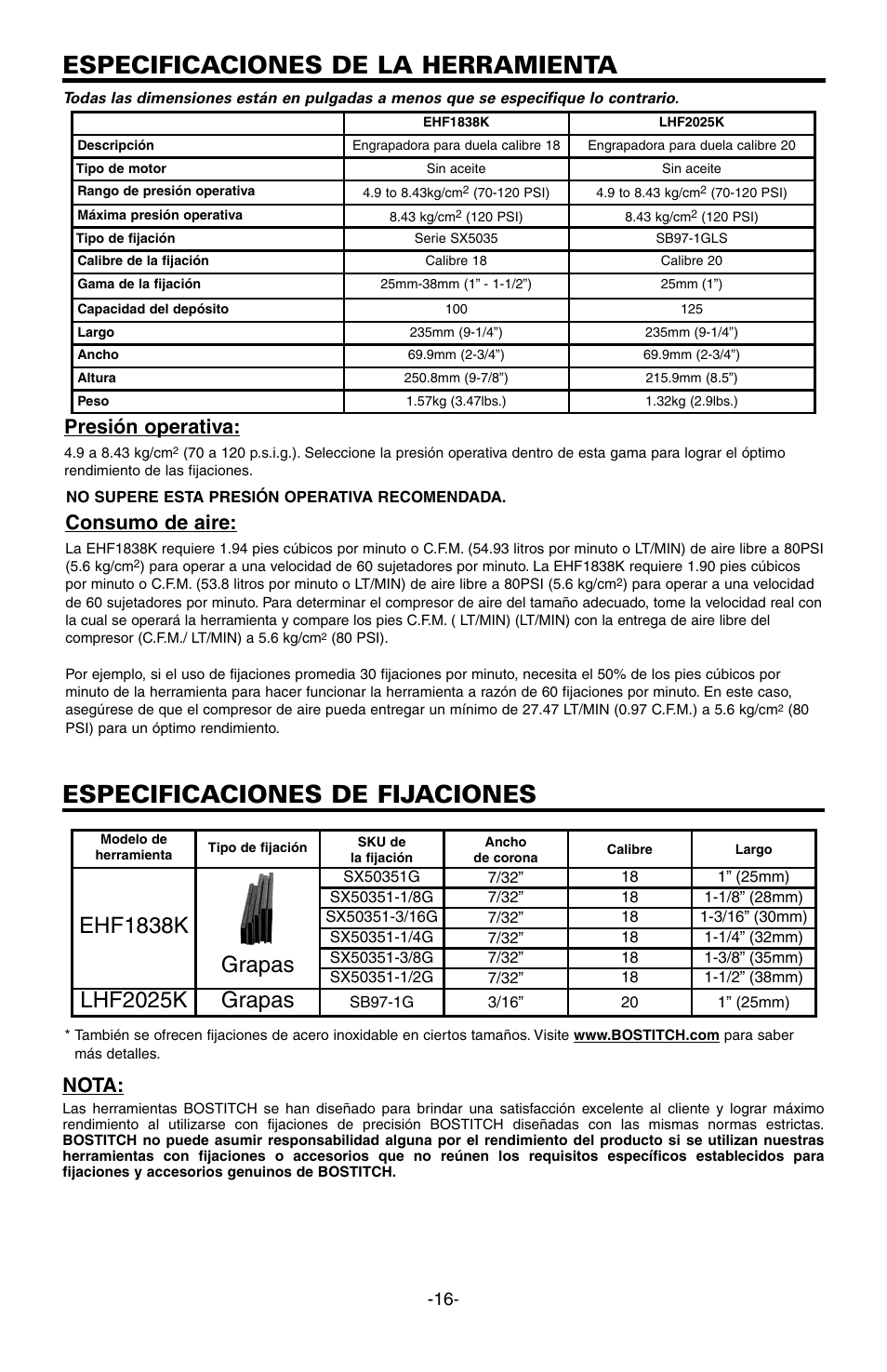 Especificaciones de la herramienta, Especificaciones de fijaciones, Ehf1838k grapas | Lhf2025k grapas, Presión operativa, Consumo de aire, Nota | Bostitch EHF1838K User Manual | Page 16 / 34