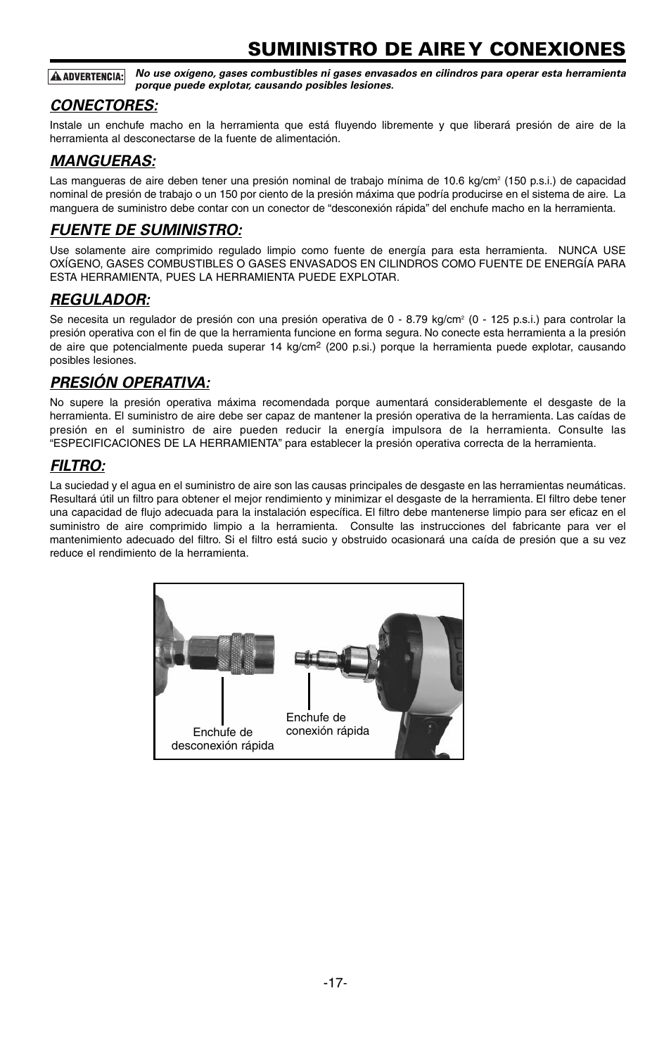 Suministro de aire y conexiones, Conectores, Mangueras | Fuente de suministro, Regulador, Presión operativa, Filtro | Bostitch EHF1838K User Manual | Page 17 / 34