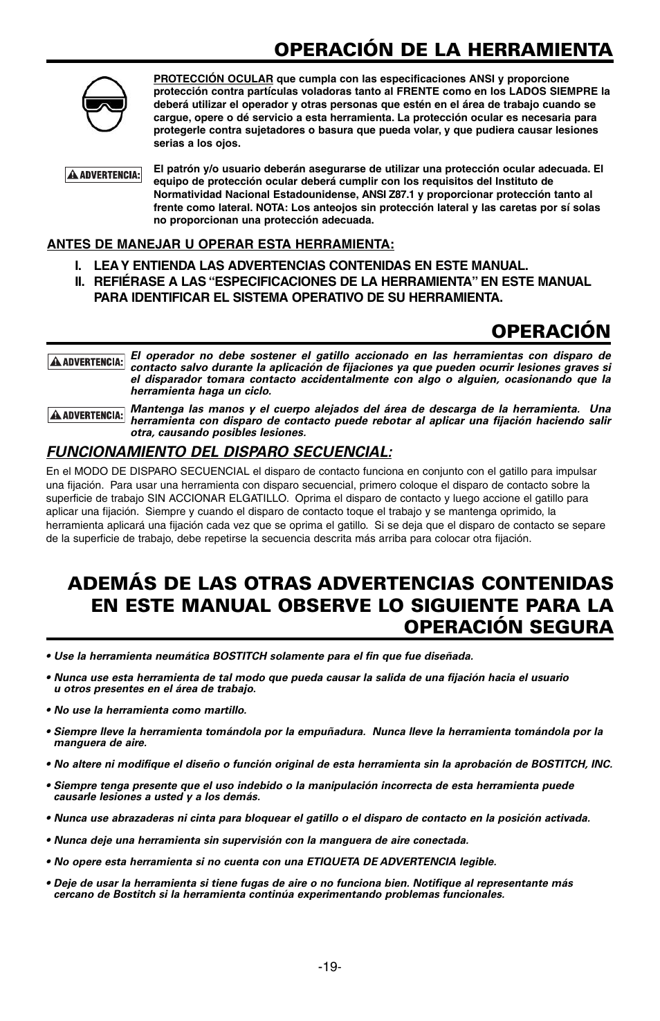 Operación, Operación de la herramienta | Bostitch EHF1838K User Manual | Page 19 / 34
