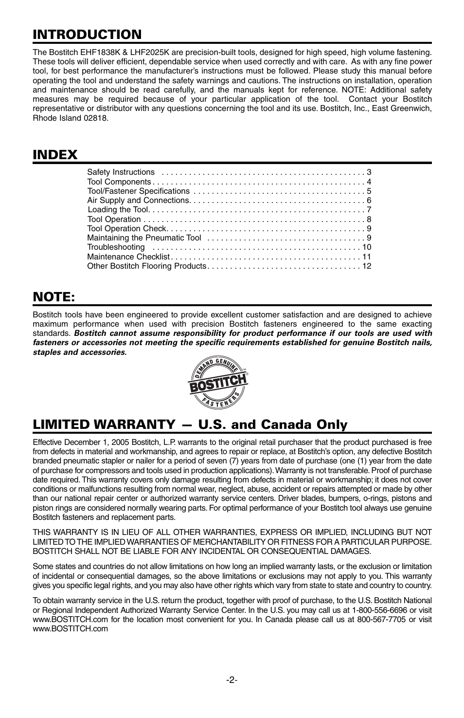 Introduction, Index, Limited warranty — u.s. and canada only | Bostitch EHF1838K User Manual | Page 2 / 34