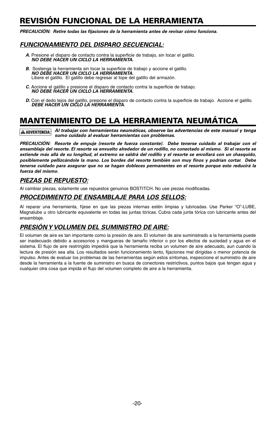 Revisión funcional de la herramienta, Mantenimiento de la herramienta neumática, Funcionamiento del disparo secuencial | Piezas de repuesto, Procedimiento de ensamblaje para los sellos, Presión y volumen del suministro de aire | Bostitch EHF1838K User Manual | Page 20 / 34