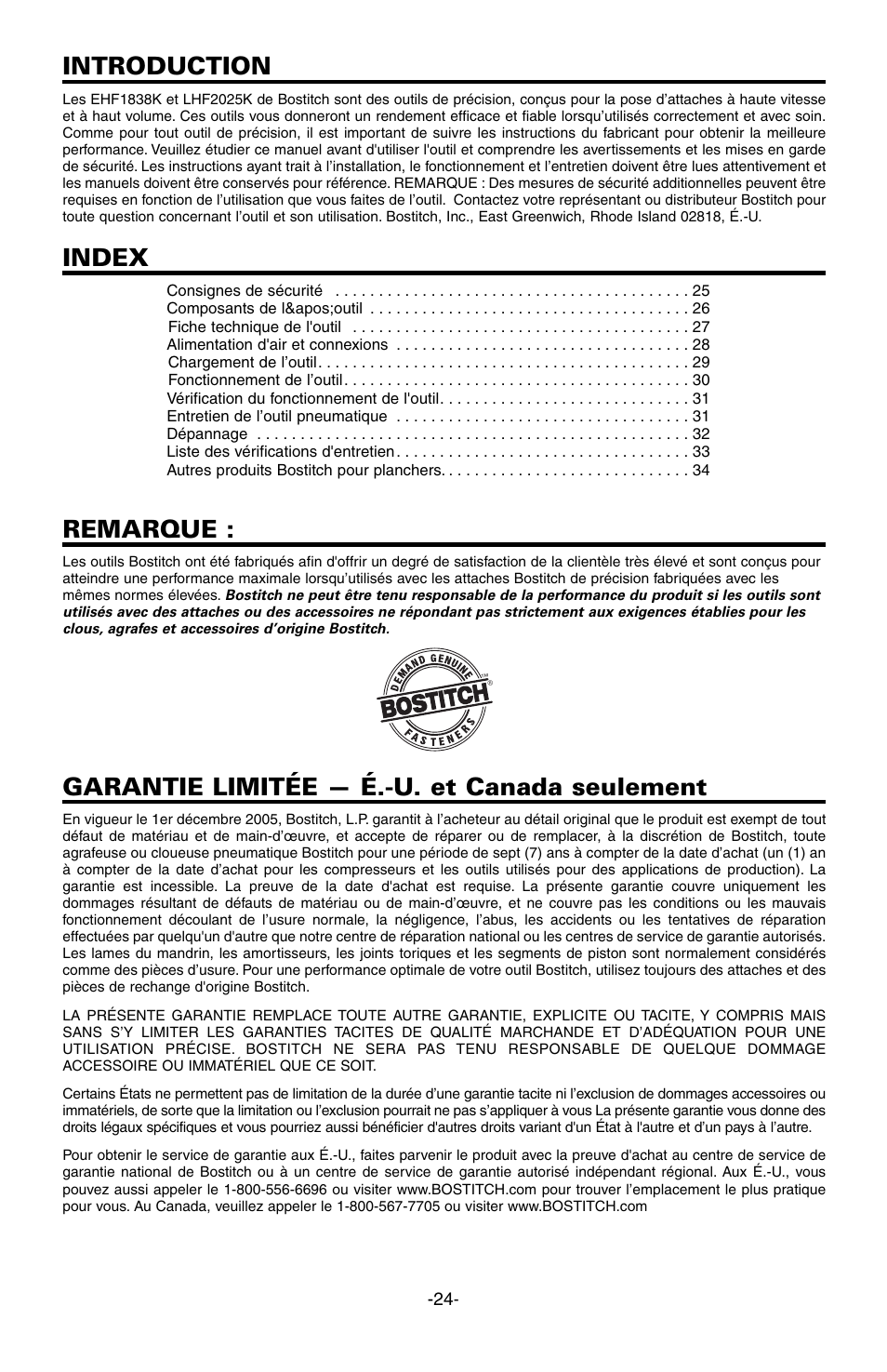 Introduction, Index, Remarque | Garantie limitée — é.-u. et canada seulement | Bostitch EHF1838K User Manual | Page 24 / 34