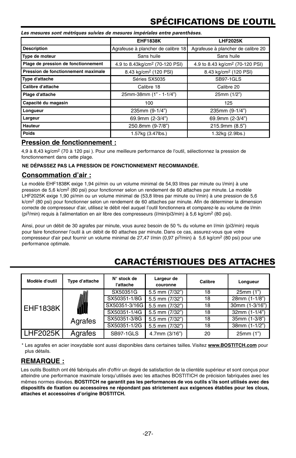 Spécifications de l’outil, Caractéristiques des attaches, Ehf1838k agrafes | Lhf2025k agrafes, Pression de fonctionnement, Consommation d’air, Remarque | Bostitch EHF1838K User Manual | Page 27 / 34