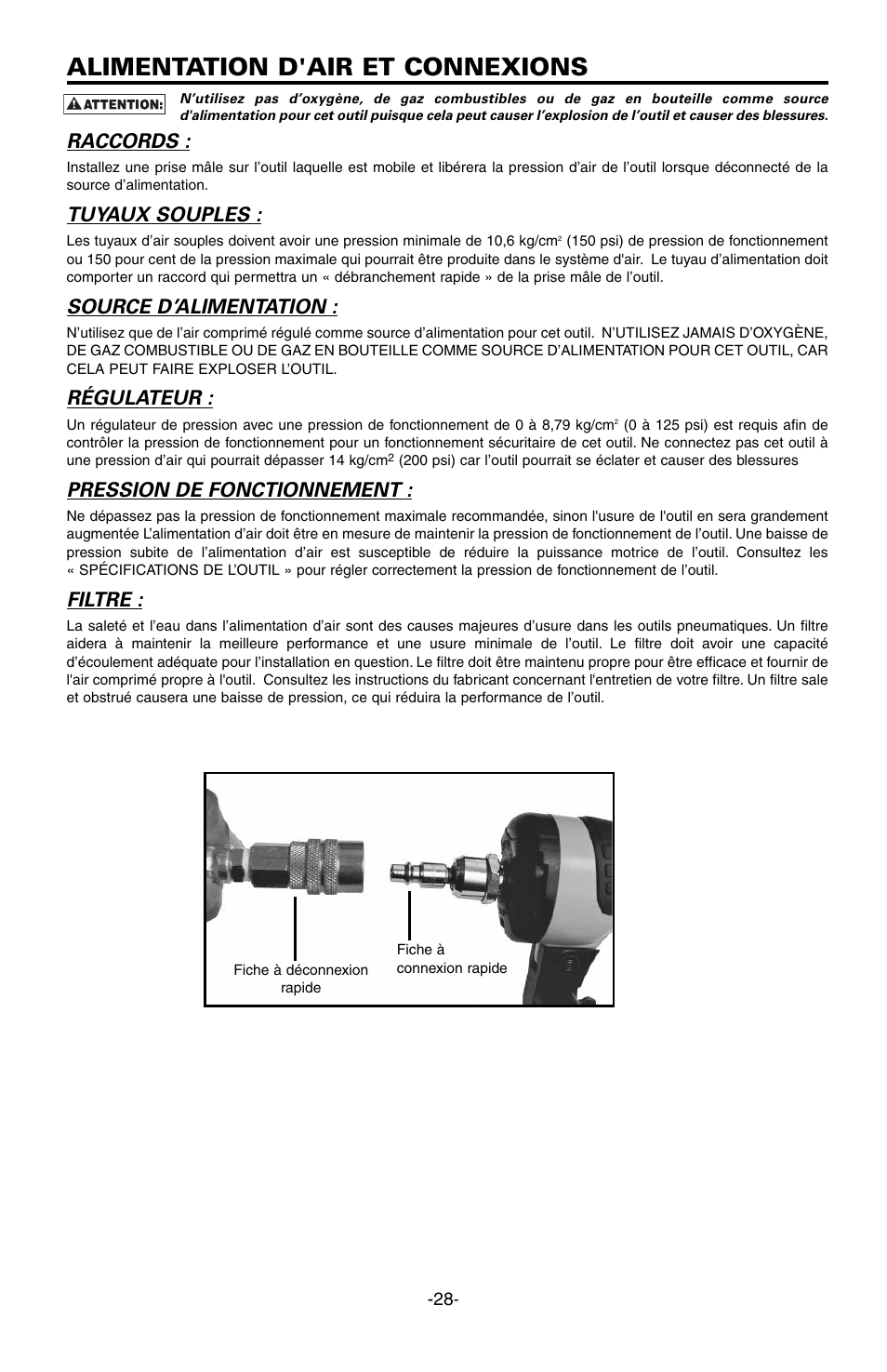 Alimentation d'air et connexions, Raccords, Tuyaux souples | Source d’alimentation, Régulateur, Pression de fonctionnement, Filtre | Bostitch EHF1838K User Manual | Page 28 / 34