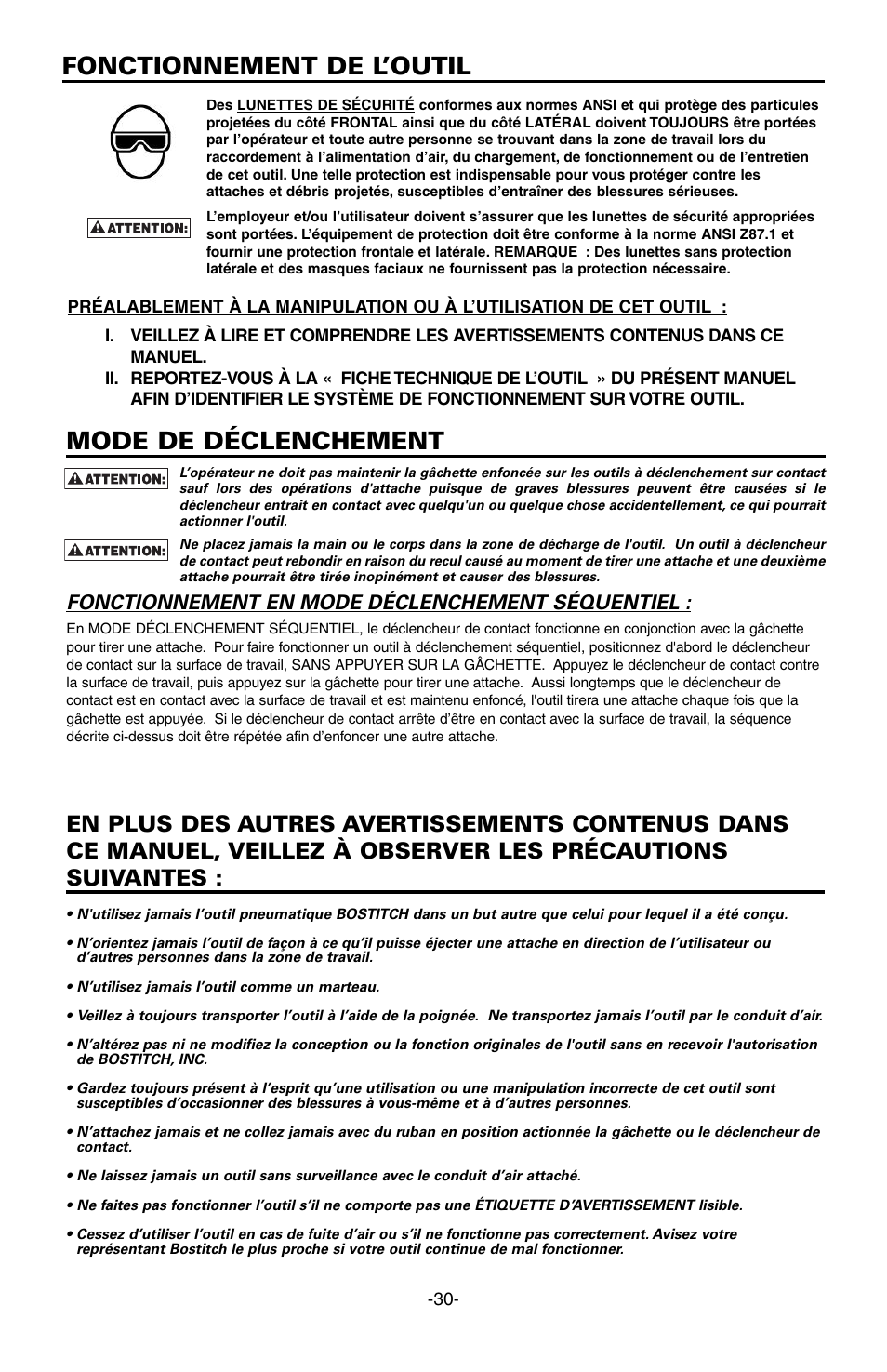 Mode de déclenchement, Fonctionnement de l’outil, Fonctionnement en mode déclenchement séquentiel | Bostitch EHF1838K User Manual | Page 30 / 34