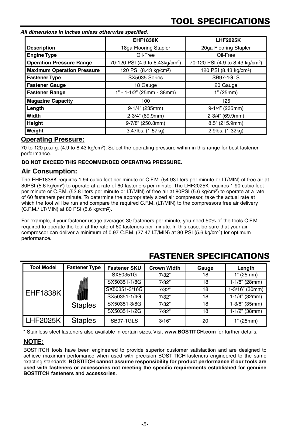 Tool specifications, Fastener specifications, Ehf1838k staples | Lhf2025k staples, Operating pressure, Air consumption | Bostitch EHF1838K User Manual | Page 5 / 34