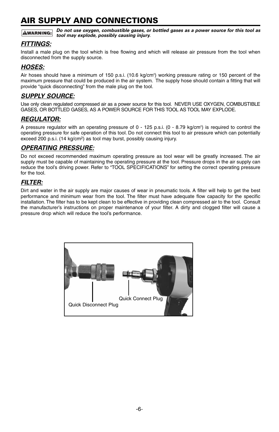 Air supply and connections, Fittings, Hoses | Supply source, Regulator, Operating pressure, Filter | Bostitch EHF1838K User Manual | Page 6 / 34
