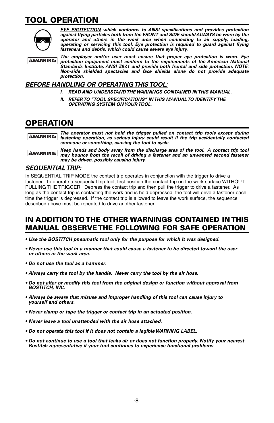 Tool operation, Operation, Before handling or operating this tool | Sequential trip | Bostitch EHF1838K User Manual | Page 8 / 34