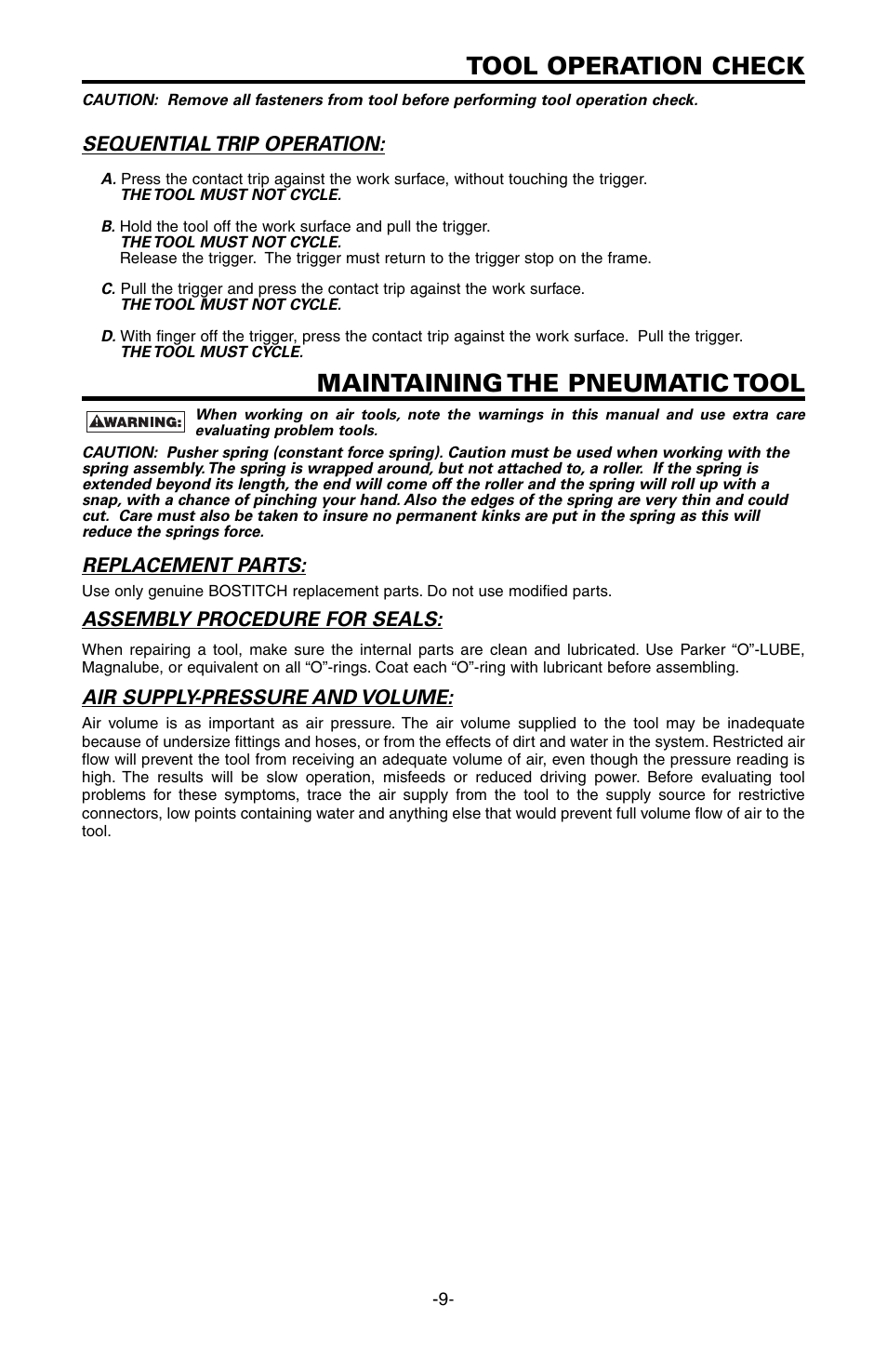 Tool operation check, Maintaining the pneumatic tool | Bostitch EHF1838K User Manual | Page 9 / 34