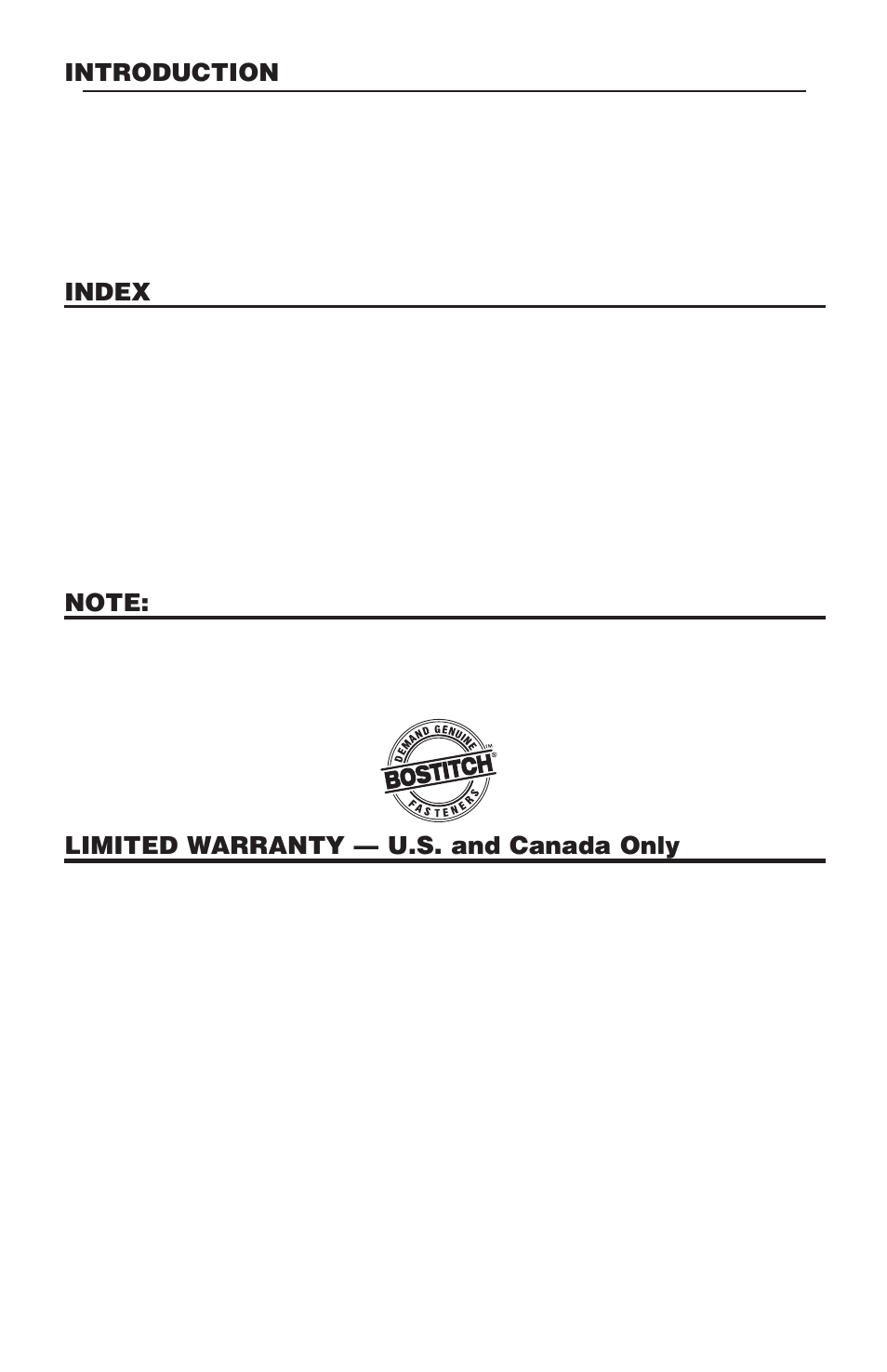 Introduction, Index, Limited warranty — u.s. and canada only | Bostitch Bostich Pneumatic Roofing Nailer RN46 User Manual | Page 2 / 32