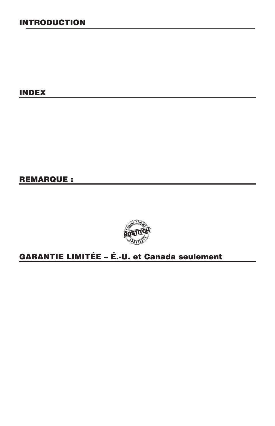 Introduction, Index, Remarque | Garantie limitée – é.-u. et canada seulement | Bostitch Bostich Pneumatic Roofing Nailer RN46 User Manual | Page 22 / 32