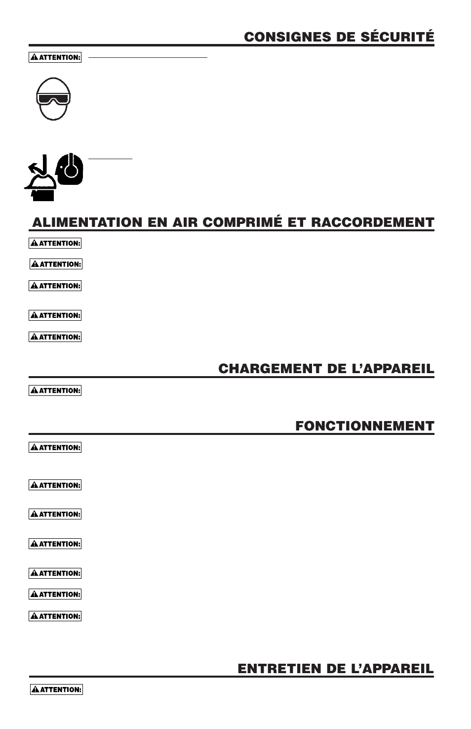 Consignes de sécurité, Alimentation en air comprimé et raccordement, Chargement de l’appareil | Fonctionnement, Entretien de l’appareil | Bostitch Bostich Pneumatic Roofing Nailer RN46 User Manual | Page 23 / 32