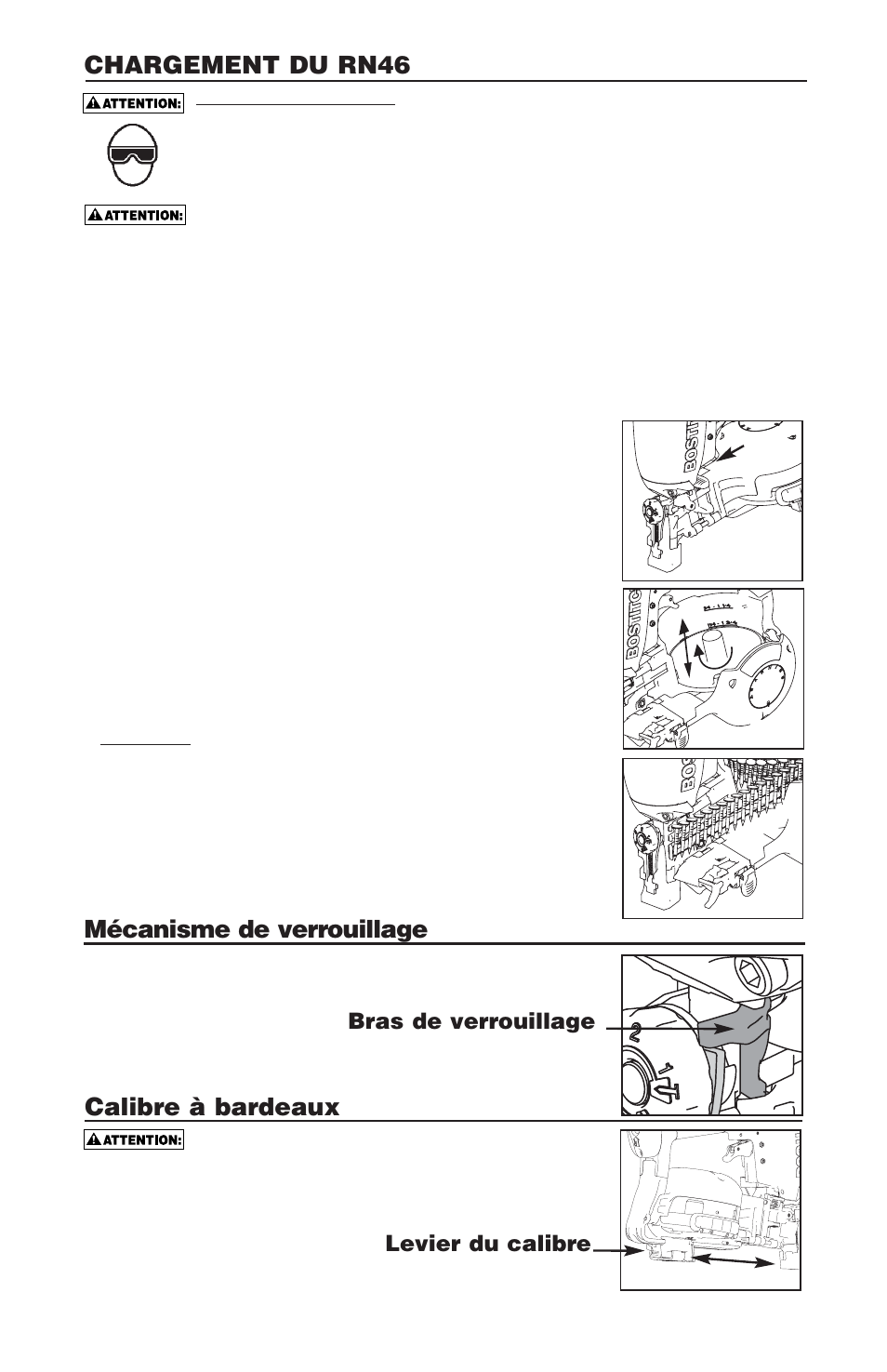 Chargement du rn46, Calibre à bardeaux, Mécanisme de verrouillage | Levier du calibre bras de verrouillage | Bostitch Bostich Pneumatic Roofing Nailer RN46 User Manual | Page 26 / 32