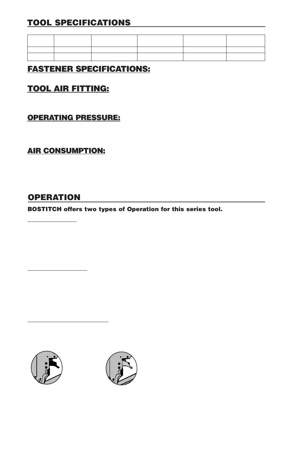 Tool specifications fastener specifications, Tool air fitting, Operation | Operating pressure, Air consumption, Contact trip, Sequential trip, Model identification | Bostitch Bostich Pneumatic Roofing Nailer RN46 User Manual | Page 4 / 32