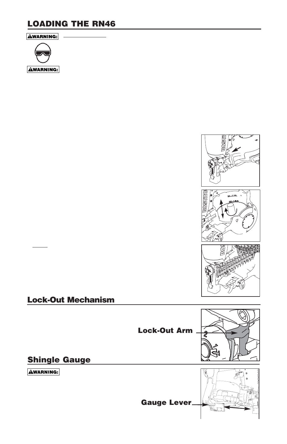 Loading the rn46, Shingle gauge, Lock-out mechanism | Gauge lever lock-out arm | Bostitch Bostich Pneumatic Roofing Nailer RN46 User Manual | Page 6 / 32