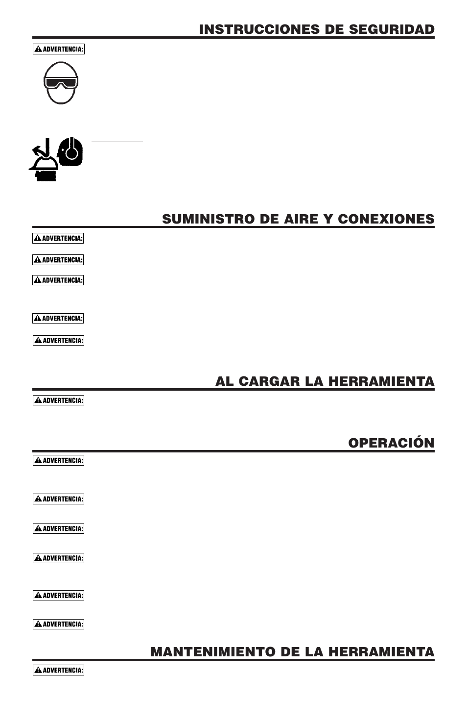 Instrucciones de seguridad, Suministro de aire y conexiones, Al cargar la herramienta | Operación, Mantenimiento de la herramienta | Bostitch N100CPP User Manual | Page 13 / 32