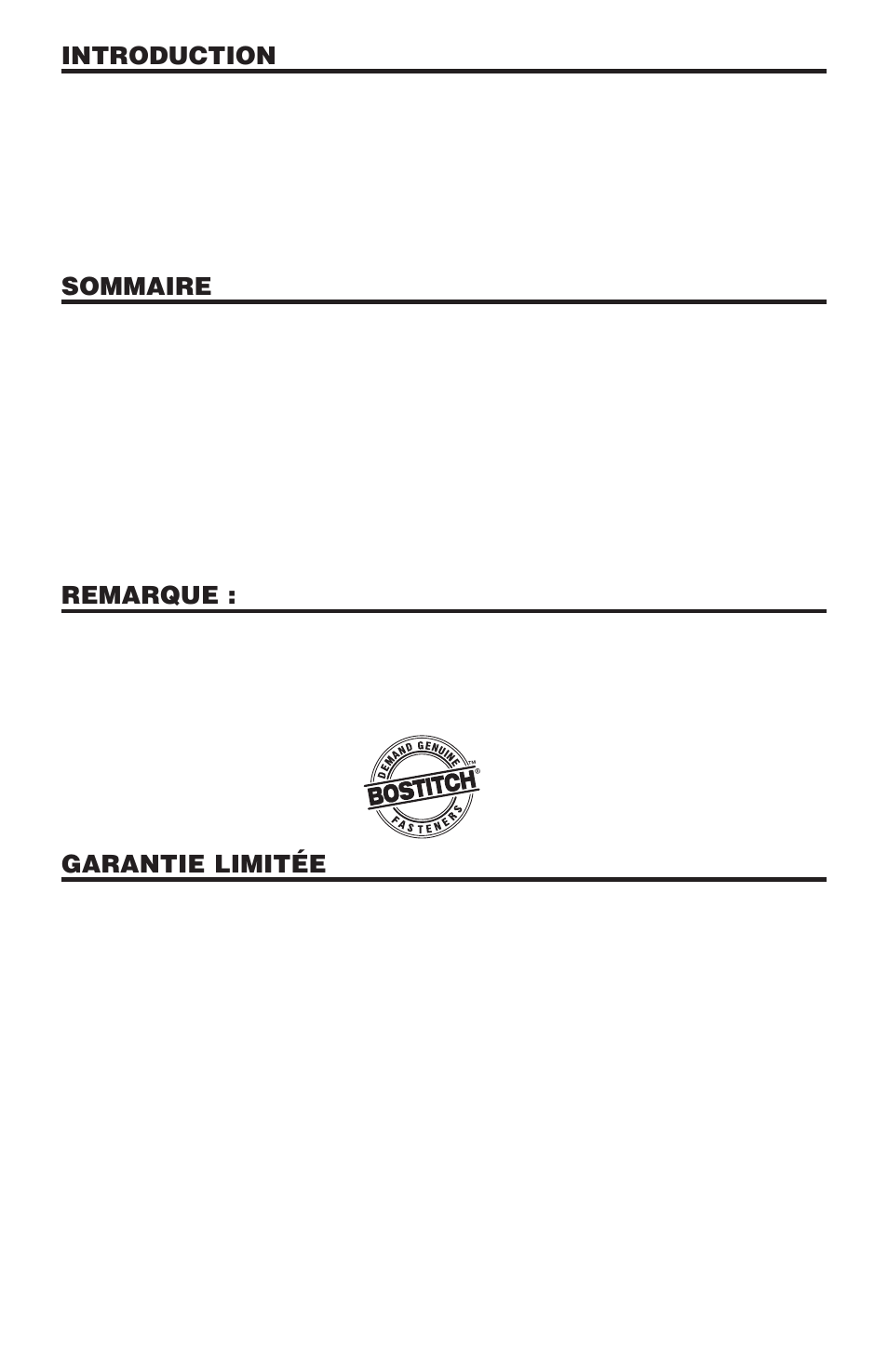 Introduction, Sommaire, Remarque | Garantie limitée | Bostitch N100CPP User Manual | Page 22 / 32